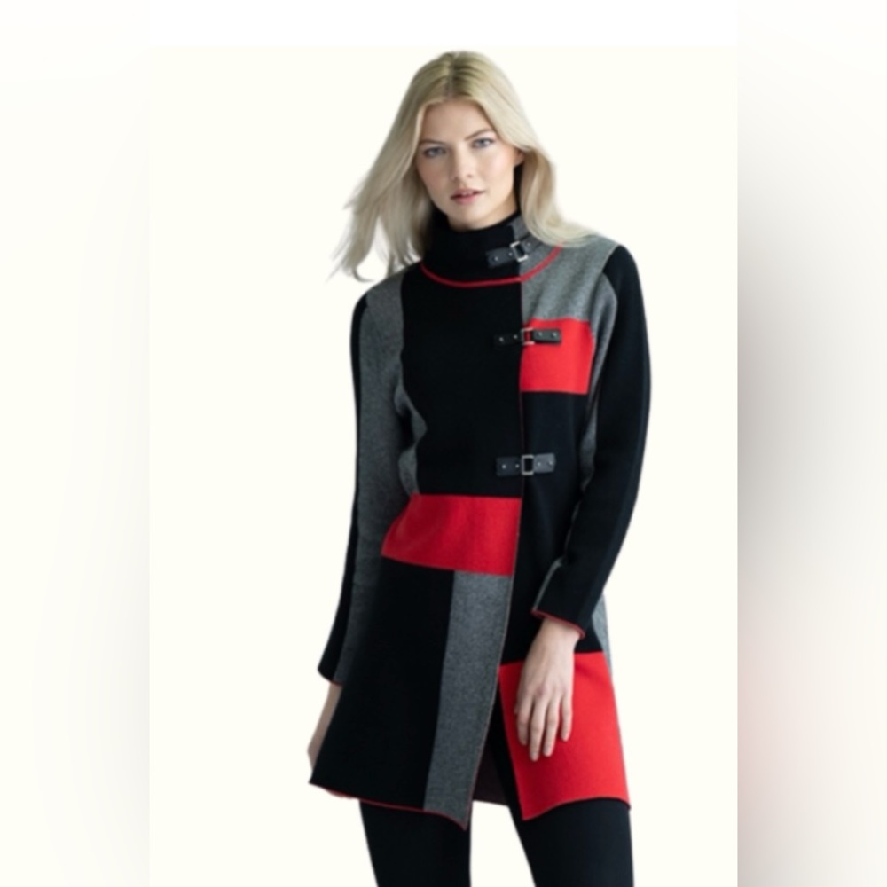 Cardigan, Black,Red,and Gray. Has 3 Buckles on the front.  NEW